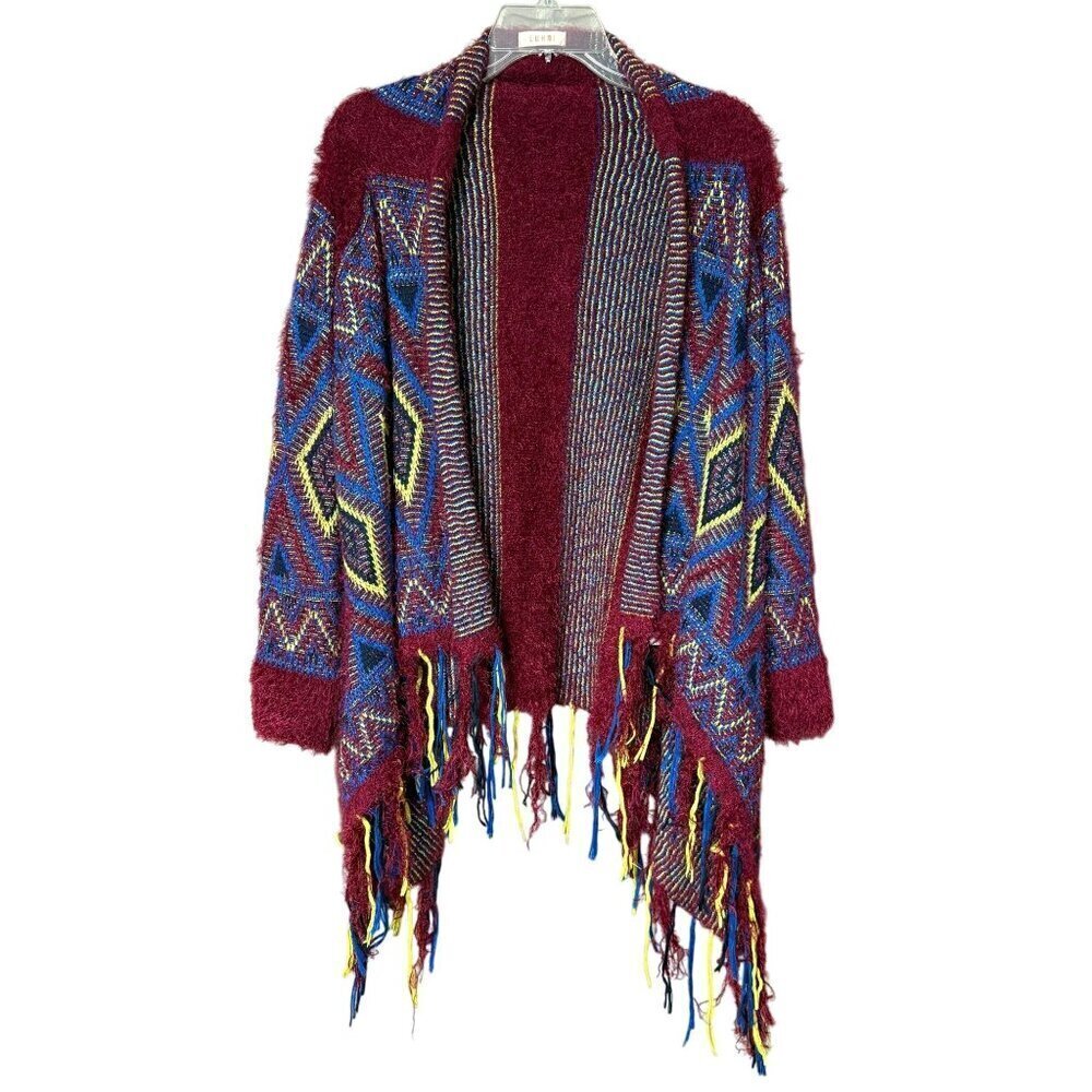 Luxmi Bohemian Fringe Open-Front Cardigan Sweater  Aztec Pattern Multicolor